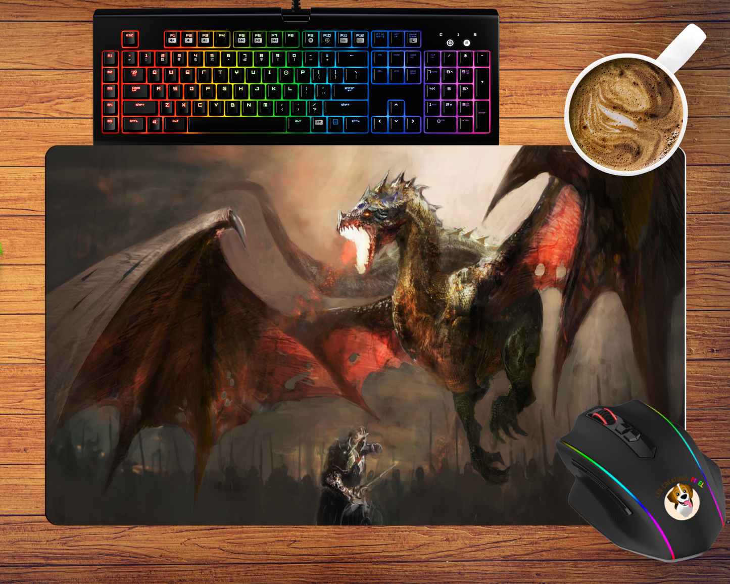 Tapis de souris large Paladin combattant un dragon
