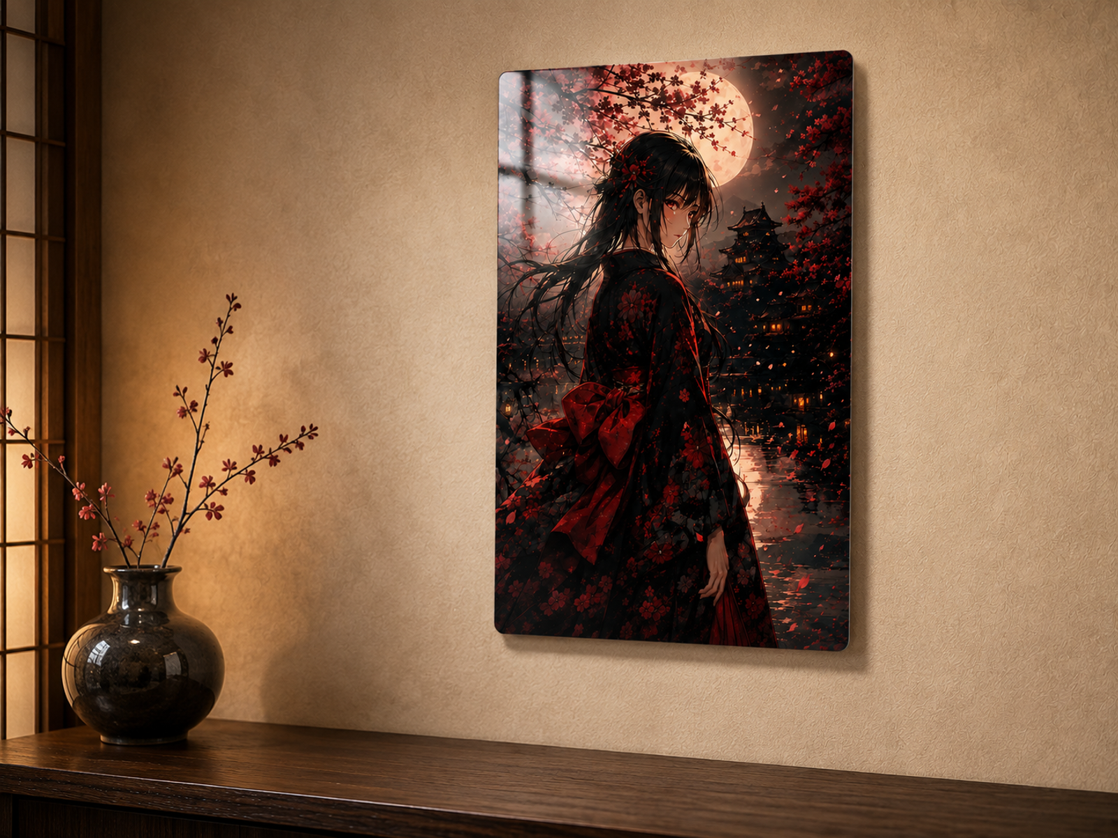 Affiche métal glossy Sakura nocturne avec femme en kimono noir et rouge sous la pleine lune