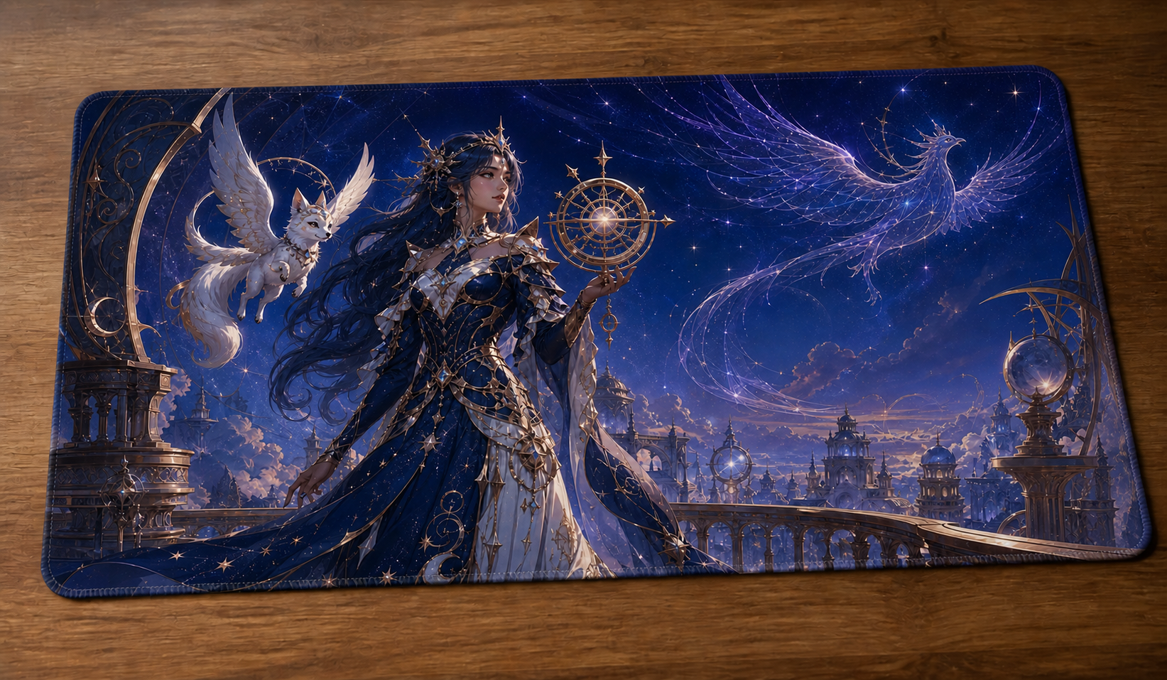 Playmat Gardienne céleste fantasy bleu et or 24 × 14 po