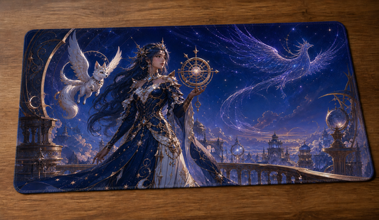 Playmat Gardienne céleste fantasy bleu et or 24 × 14 po