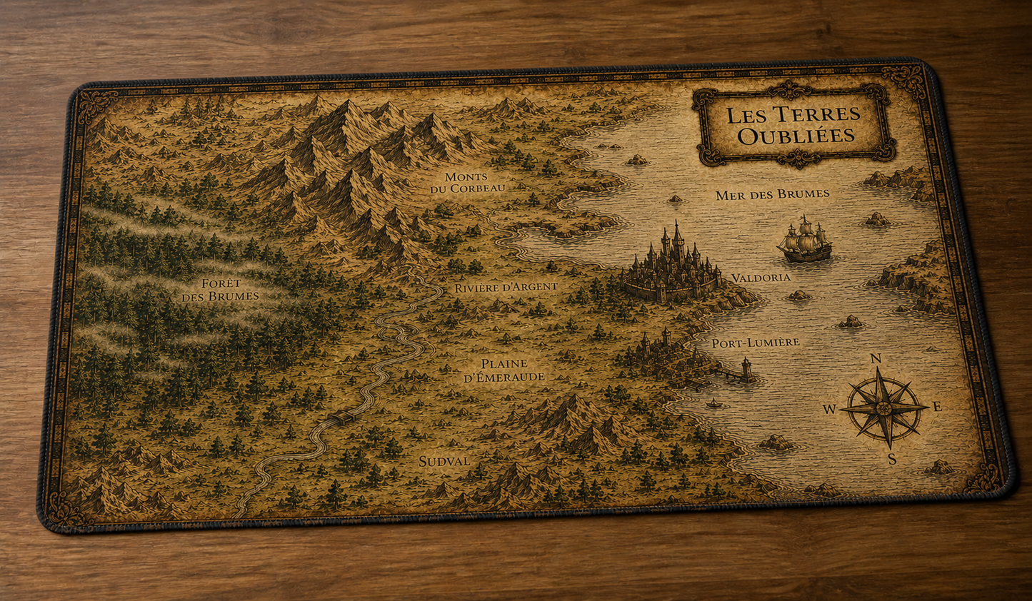 Playmat Les Terres Oubliées 24 × 14 po avec illustration de carte fantasy