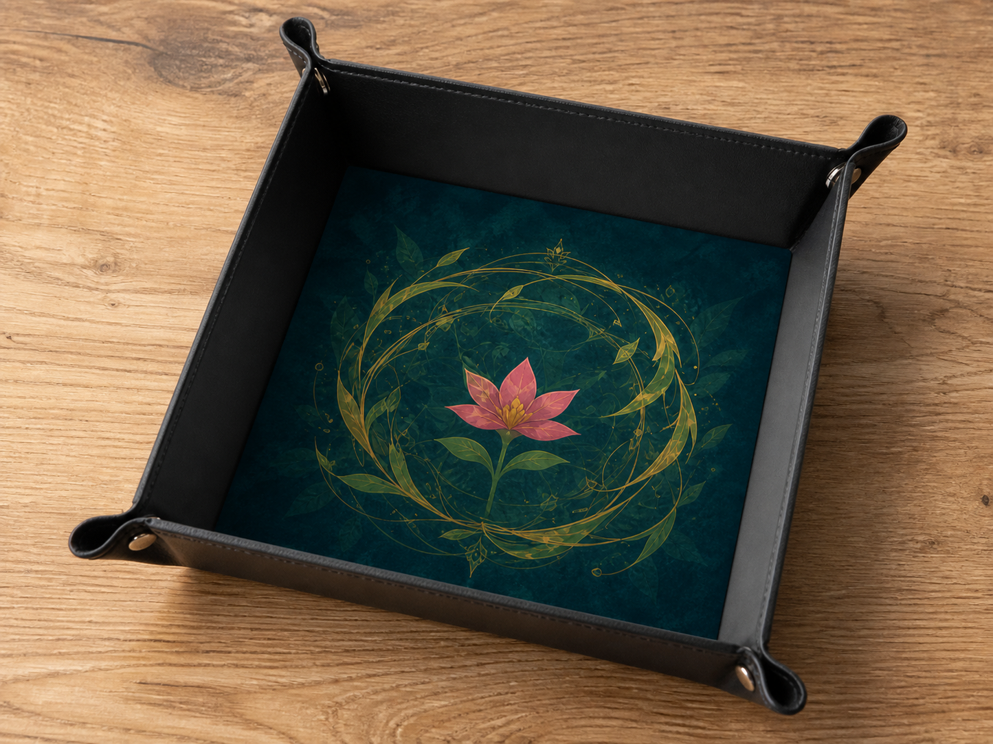Plateau à dés fantasy Créatures légendaires assemblé avec lotus rose