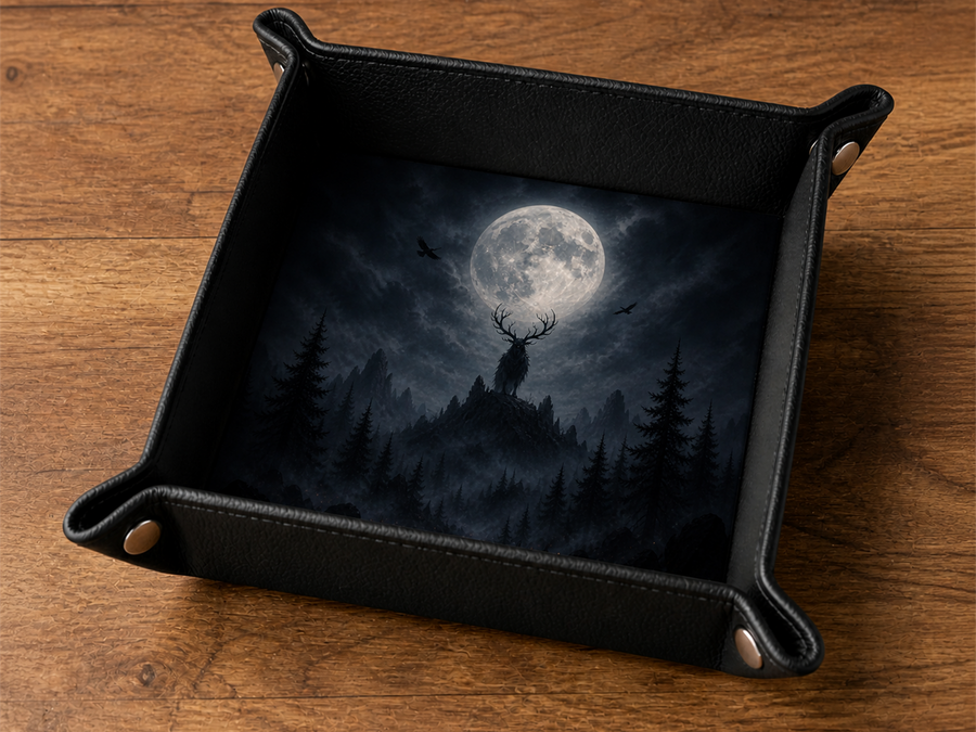 Plateau à dés fantasy Gardien de la lune assemblé sur une table en bois