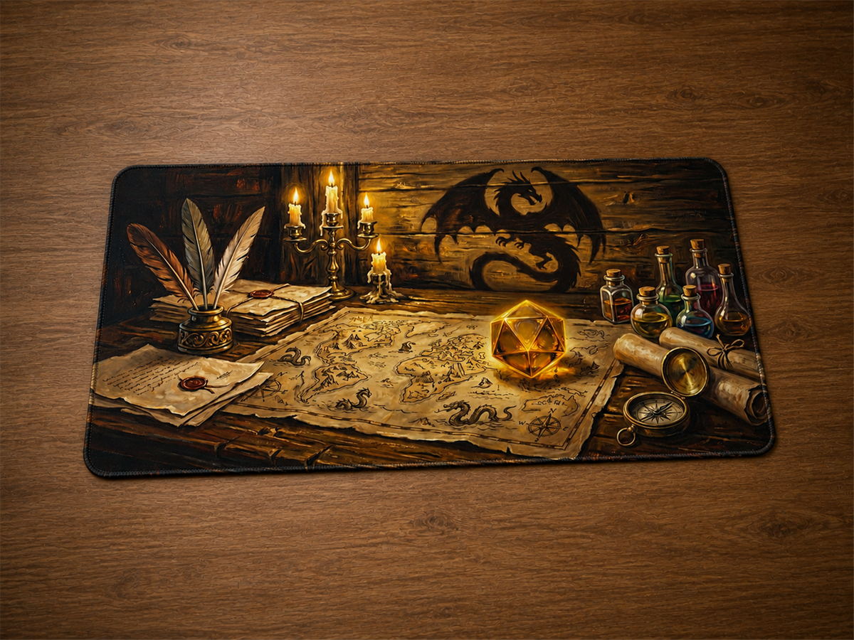 Playmat Cartographe des dragons 24 × 14 po avec carte ancienne, dragon mural, potions et dé doré lumineux sur une table en bois.