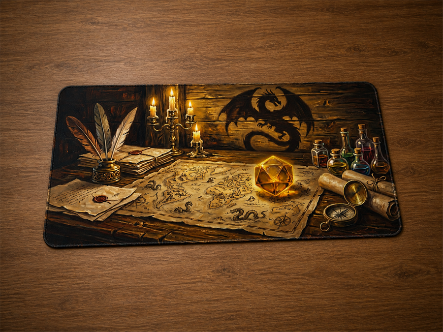 Playmat Cartographe des dragons 24 × 14 po avec carte ancienne, dragon mural, potions et dé doré lumineux sur une table en bois.