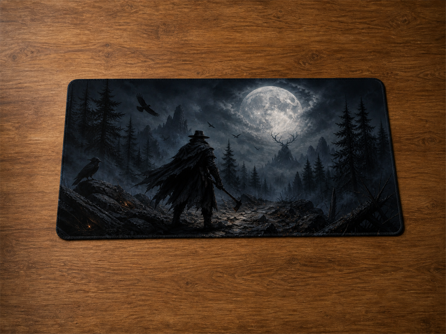 Playmat Chasse nocturne fantasy sombre sur une table en bois