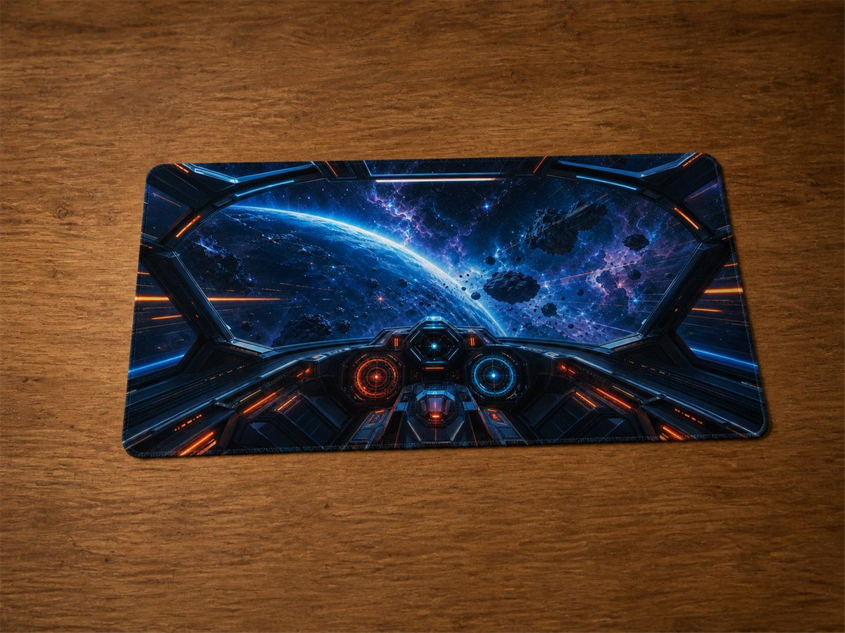 Playmat Cockpit Frontière cosmique de science-fiction 24 × 14 po sur une table en bois