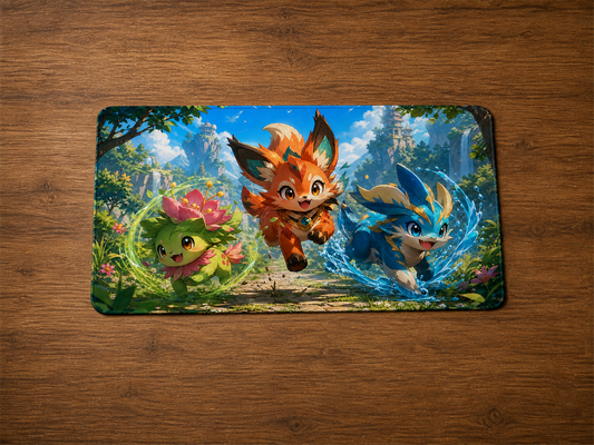 Playmat Créatures légendaires 24 × 14 po illustré de trois créatures magiques colorées dans un paysage fantasy lumineux sur une table en bois.