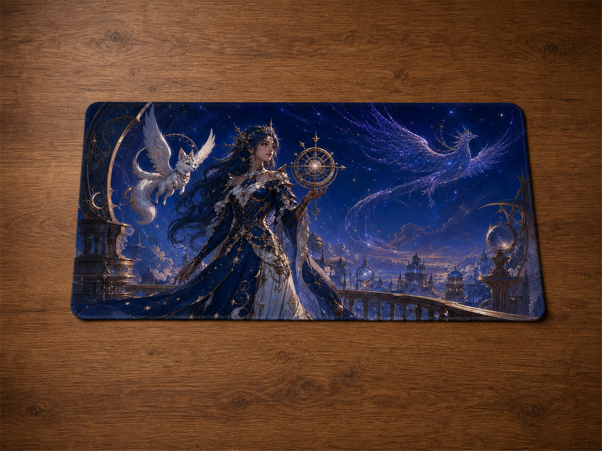 Playmat Gardienne céleste fantasy bleu et or 24 × 14 po sur une table en bois