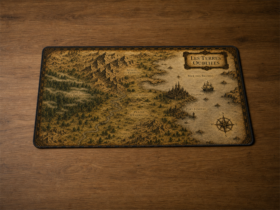 Playmat Les Terres Oubliées 24 × 14 po avec illustration de carte fantasy