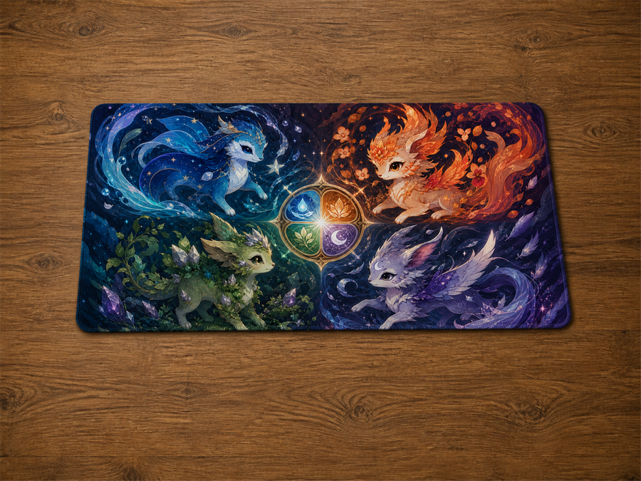 Playmat Gardiens des quatre éléments 24 × 14 po sur une table en bois
