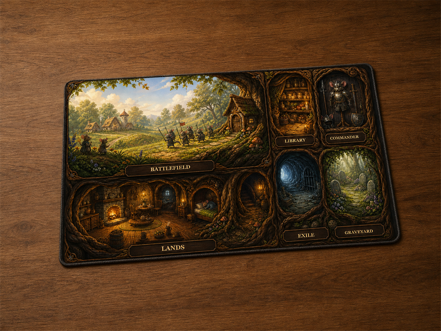 Playmat Royaume des souris 24 × 14 po avec décor fantasy de village, souris aventurières et zones de jeu intégrée sur une table en bois.