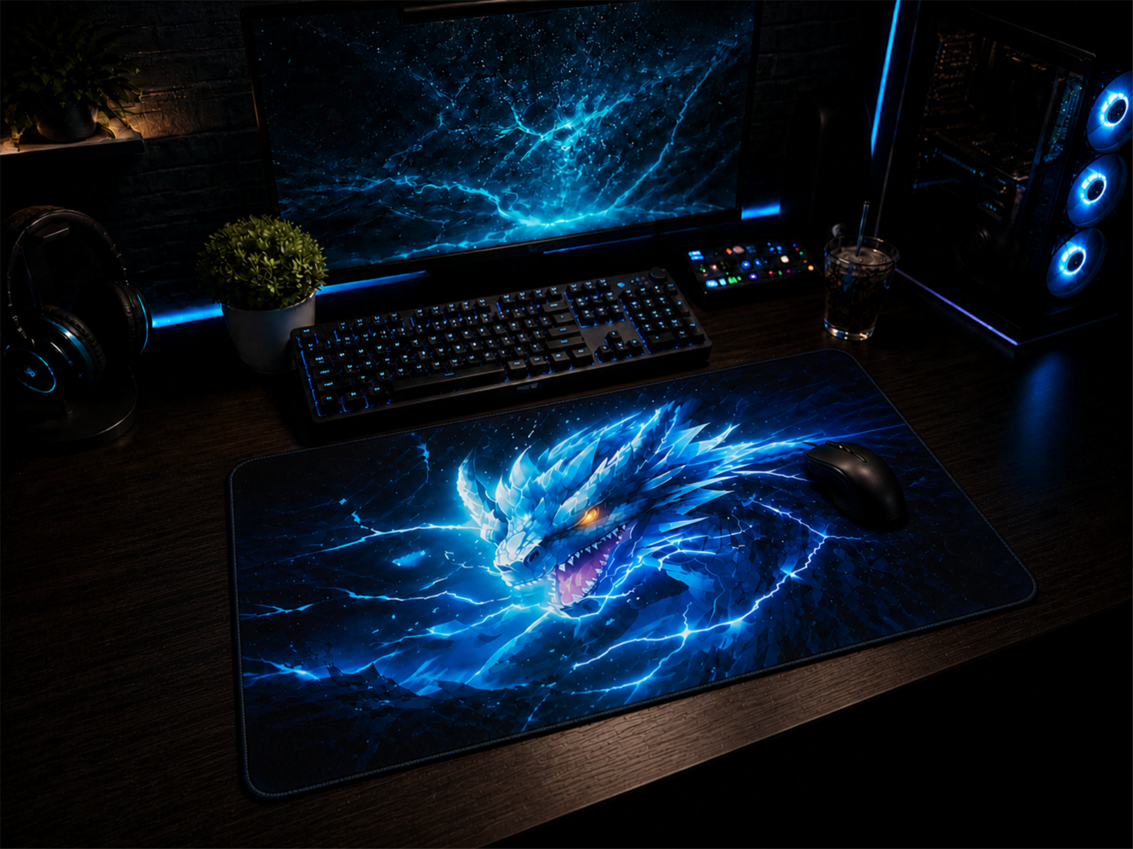 Tapis de souris gaming Dragon électrique 24 × 14 po sur un bureau