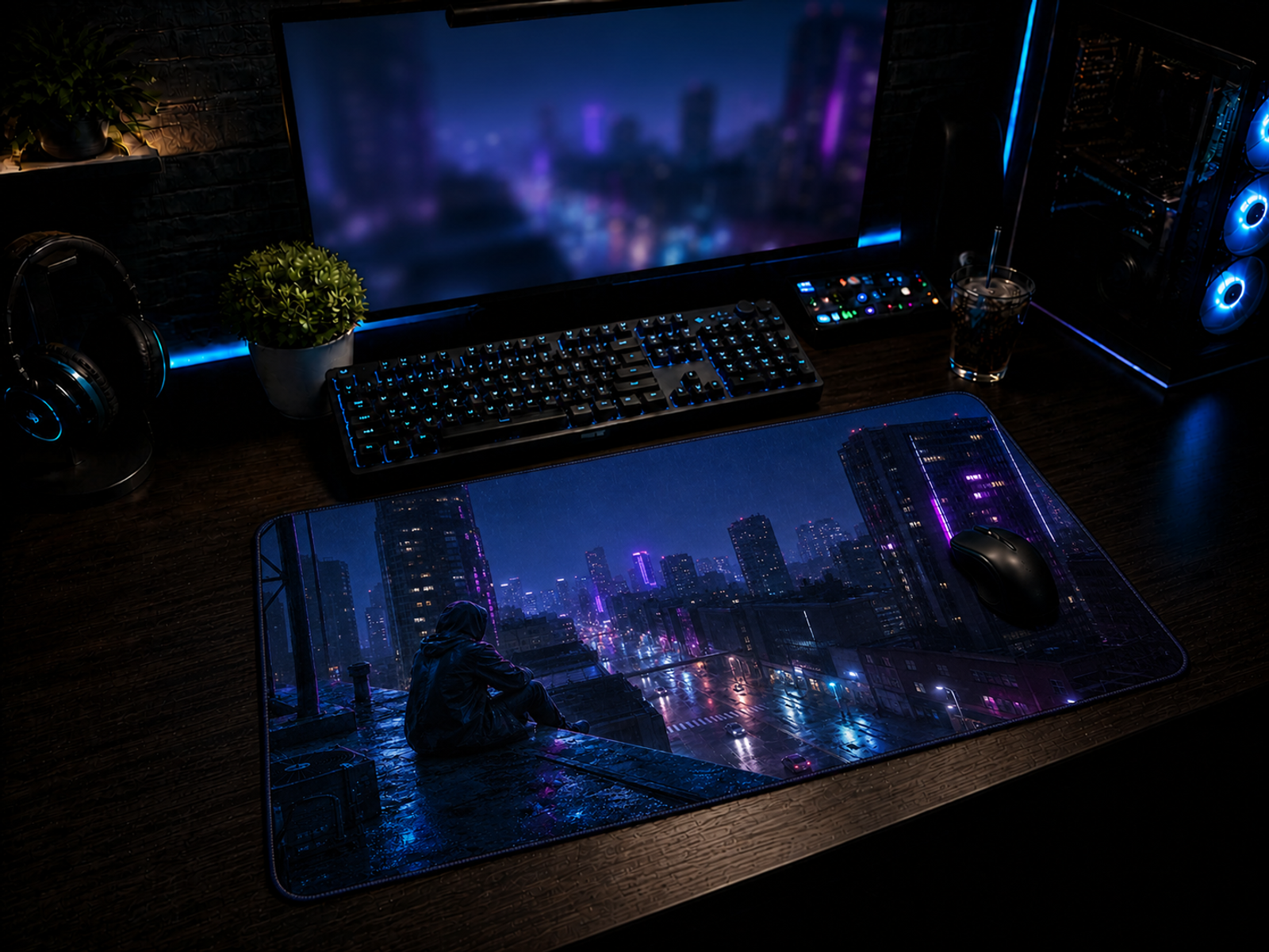 apis de souris XL Cyberpunk Ville néon 24 x 14 po sur bureau gaming