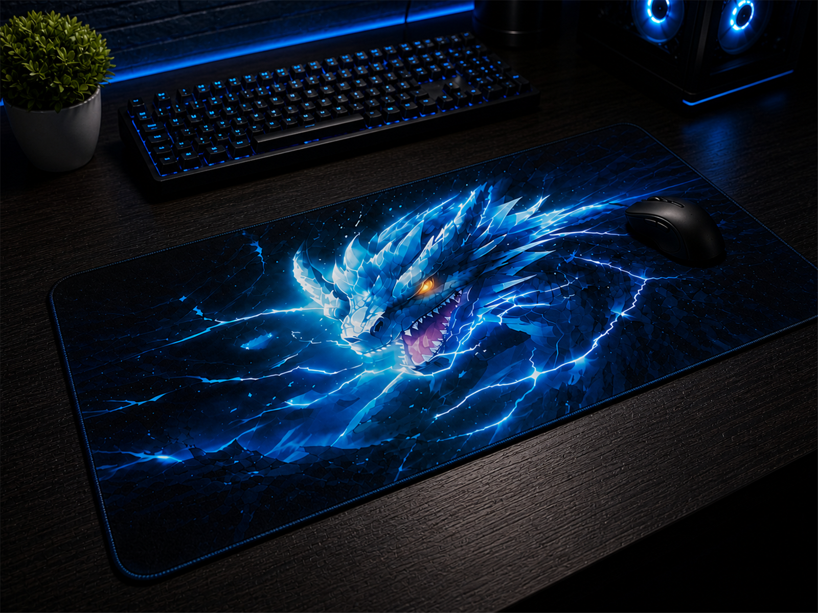 Vue rapprochée du tapis gaming Dragon électrique bleu