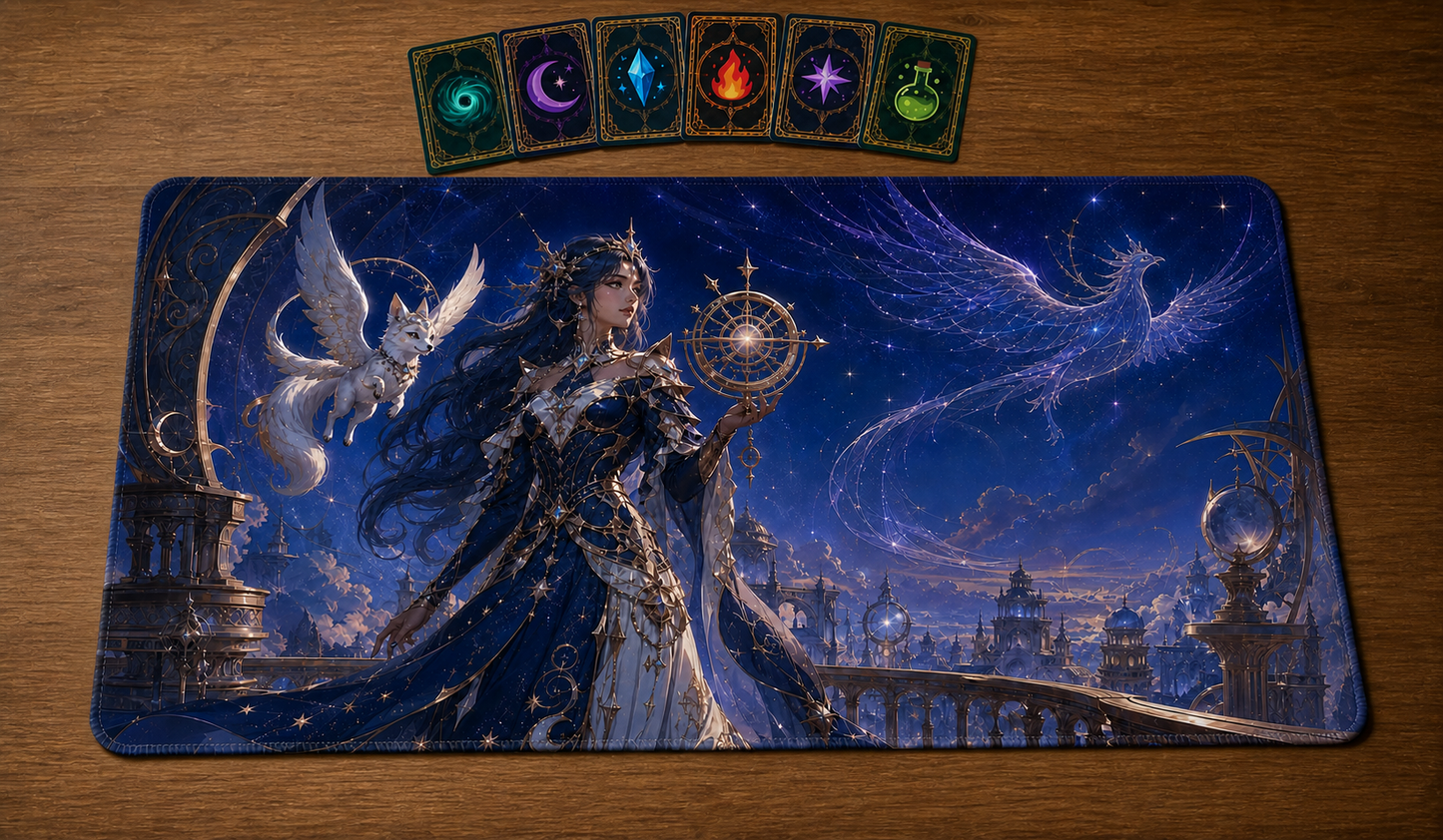 Playmat Gardienne céleste avec cartes de jeu regroupées