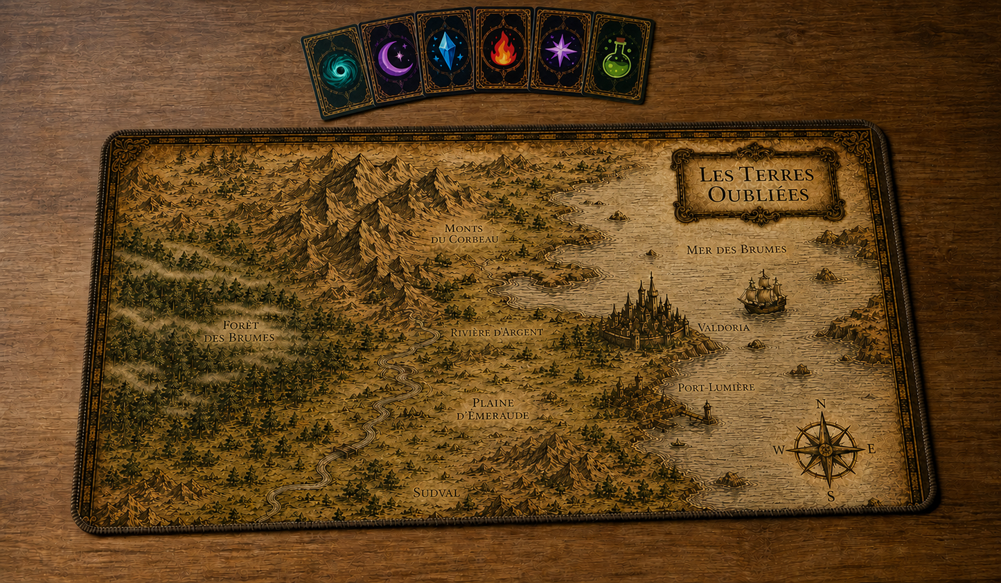 Playmat Les Terres Oubliées avec cartes fantasy regroupées au-dessus