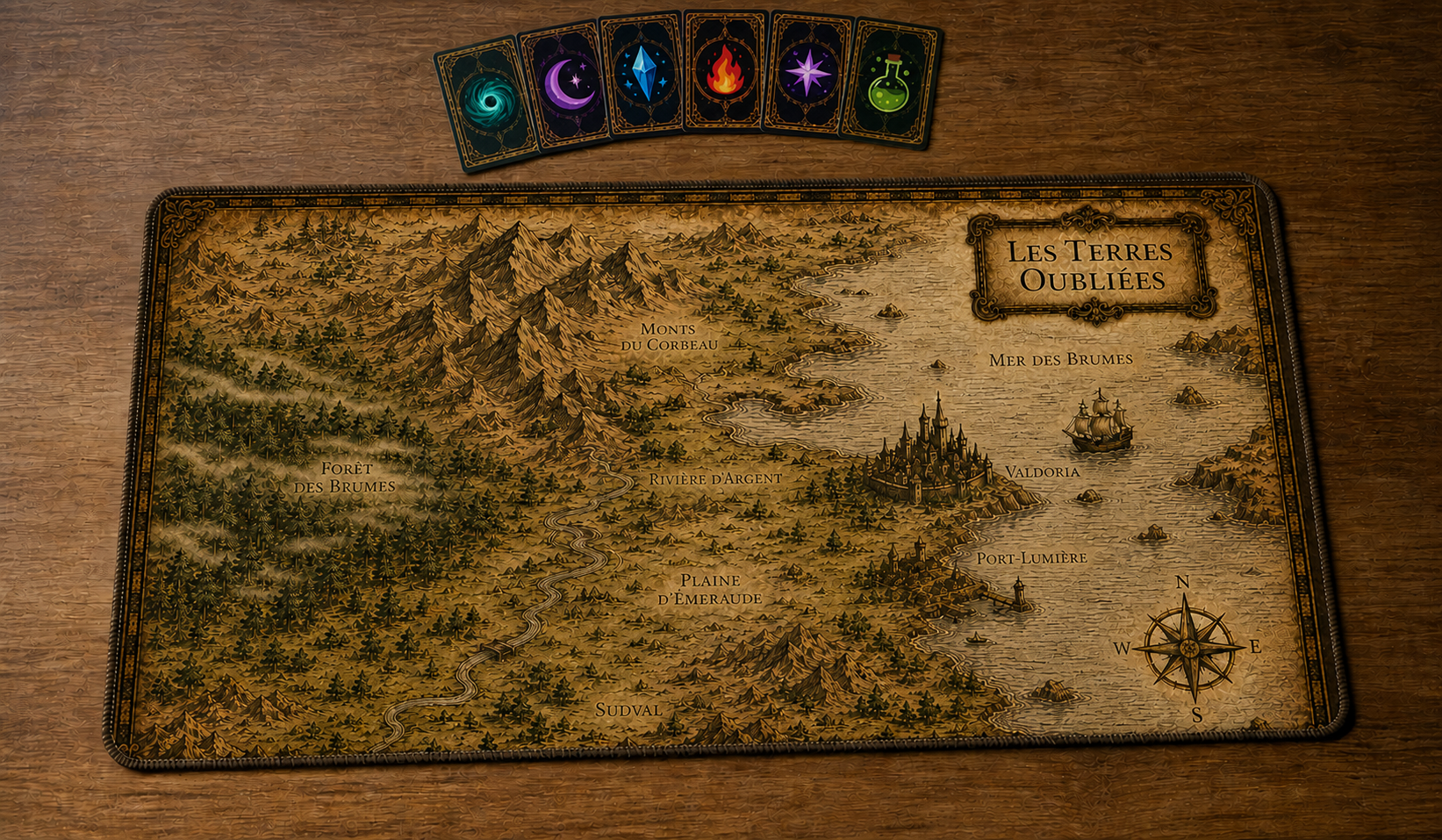 Playmat Les Terres Oubliées avec cartes fantasy regroupées au-dessus