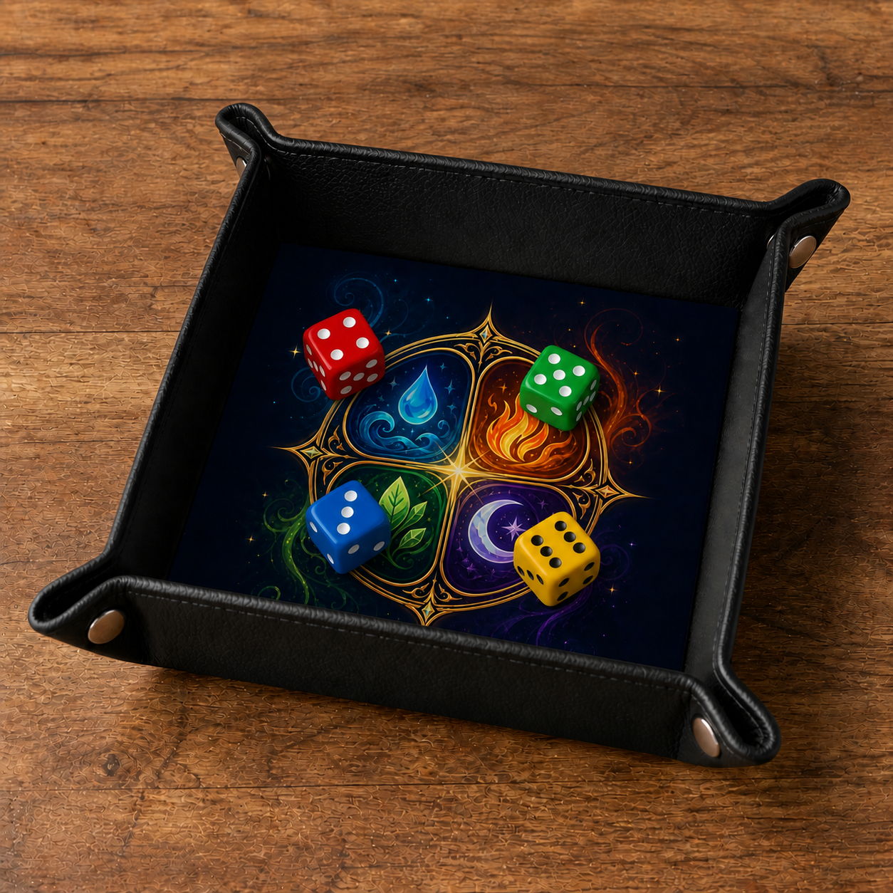 Plateau à dés Quatre éléments avec quatre dés cubiques colorés