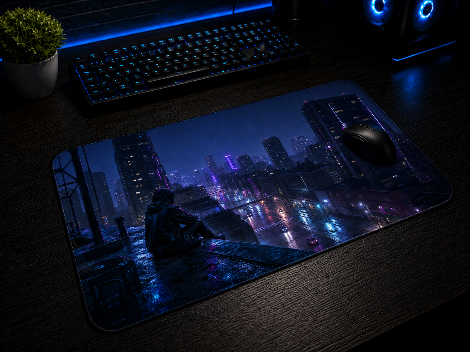 Tapis de souris Cyberpunk Ville néon 24 x 14 po vue rapprochée