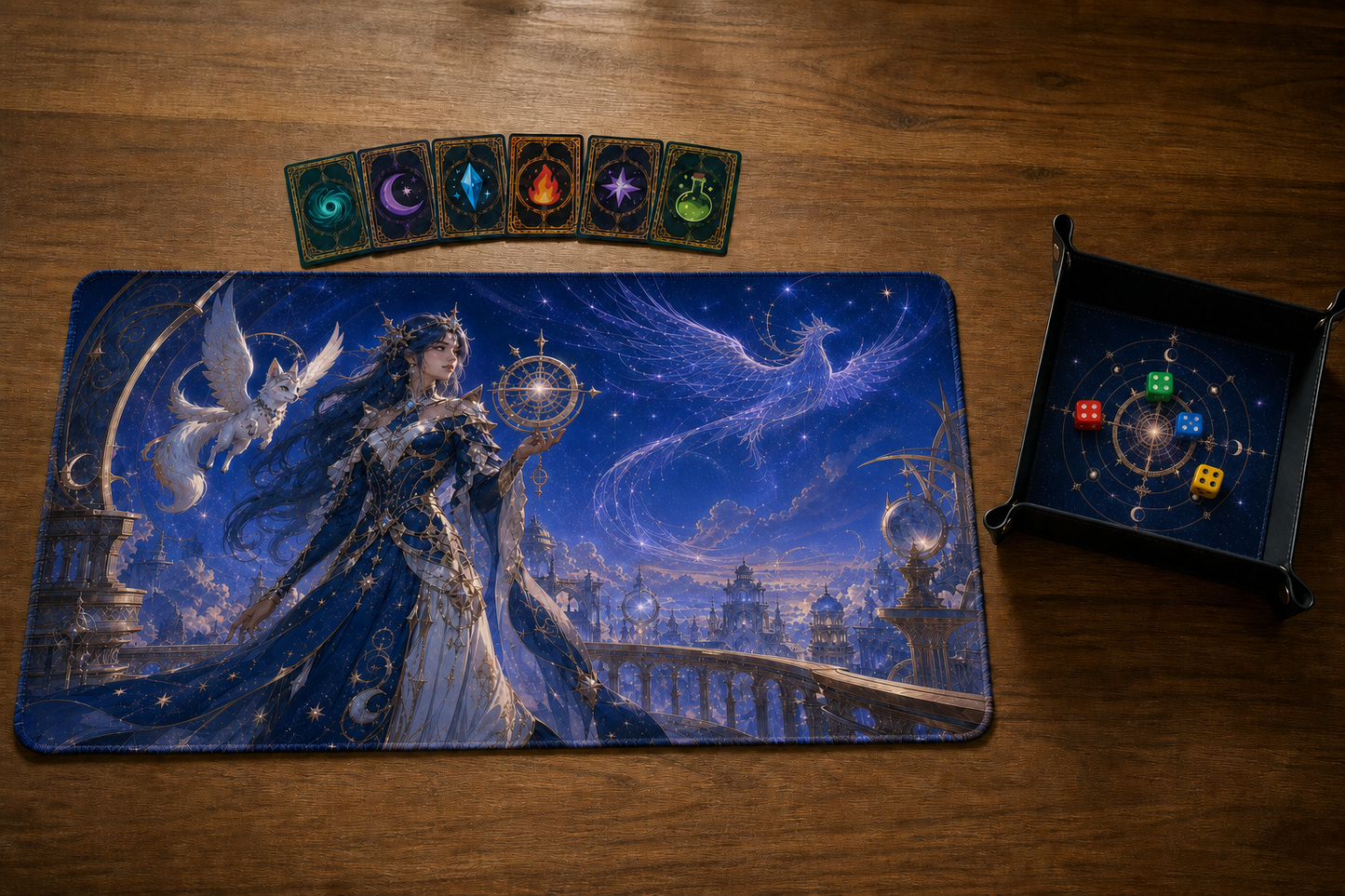 Ensemble playmat Gardienne céleste avec plateau à dés assorti