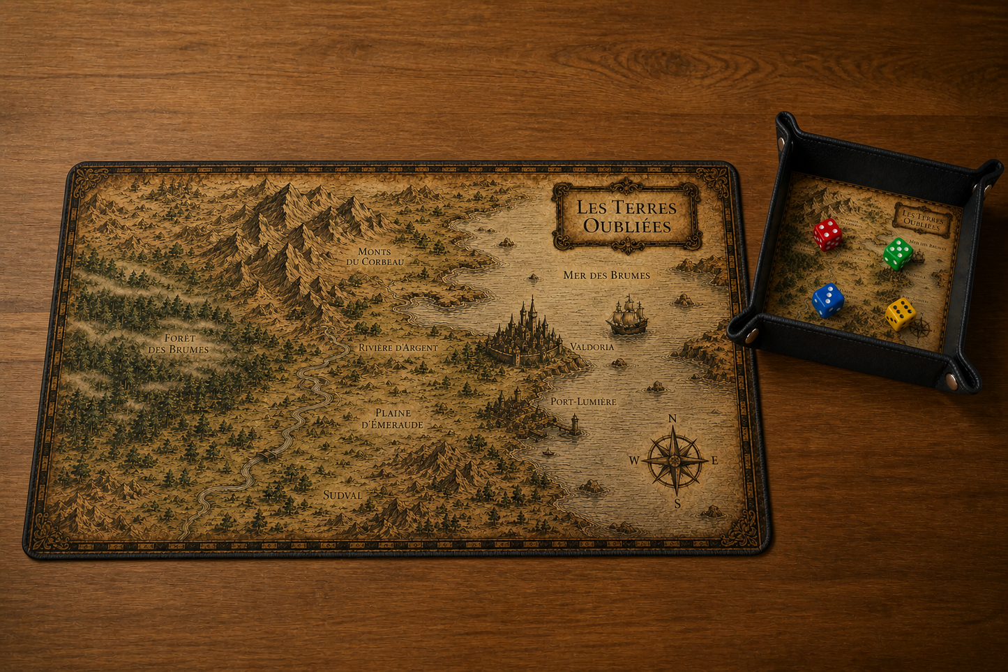 Ensemble playmat et plateau à dés assorti Les Terres Oubliées

