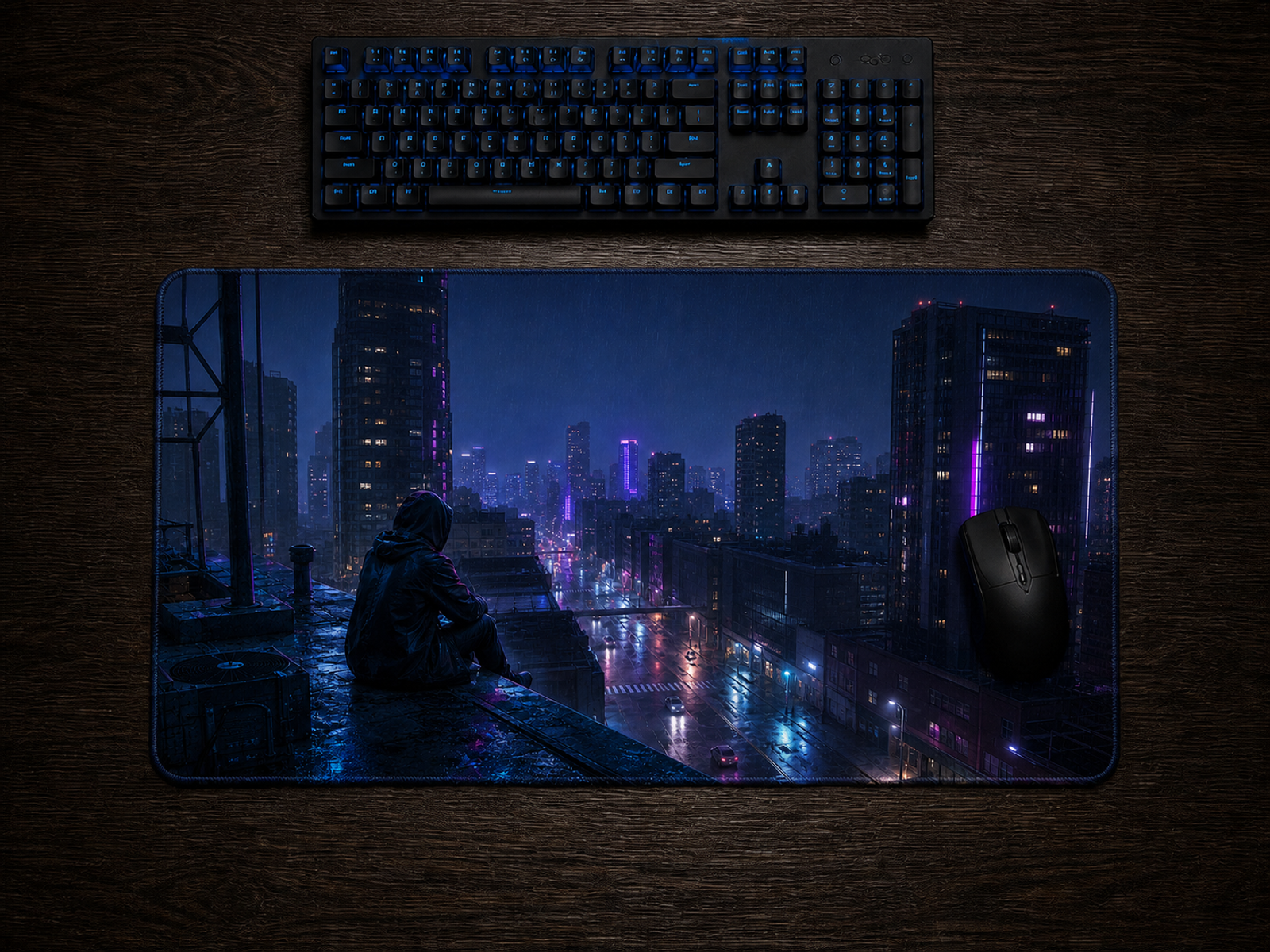 Tapis de souris XL Cyberpunk Ville néon vue du dessus