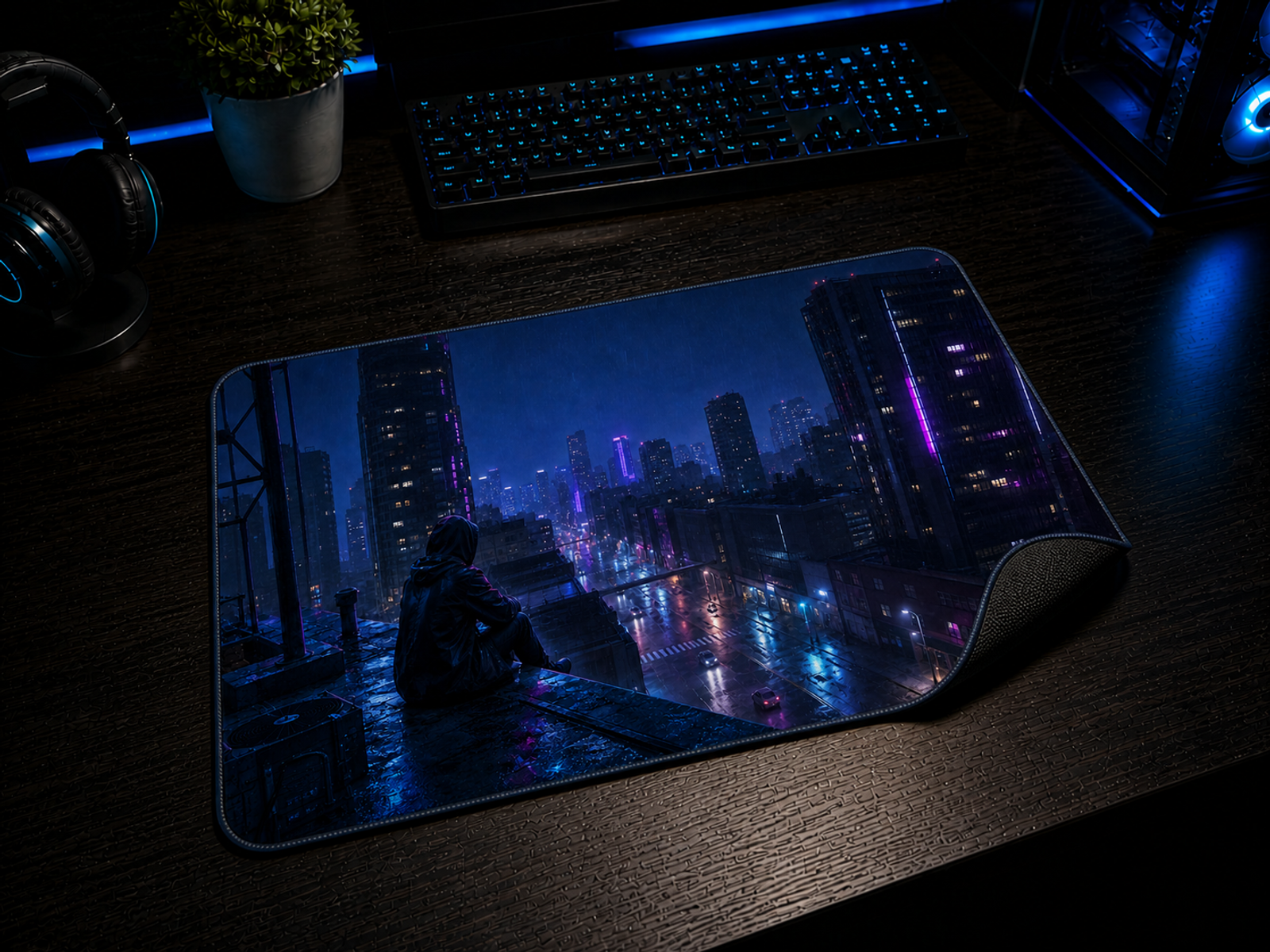 Tapis de souris Cyberpunk Ville néon avec coin relevé et base antidérapante