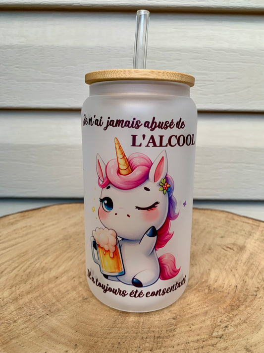 Verre givré isotherme "Je n’ai jamais abusé de L’ALCOOL il a toujours été consentant" (Licorne)