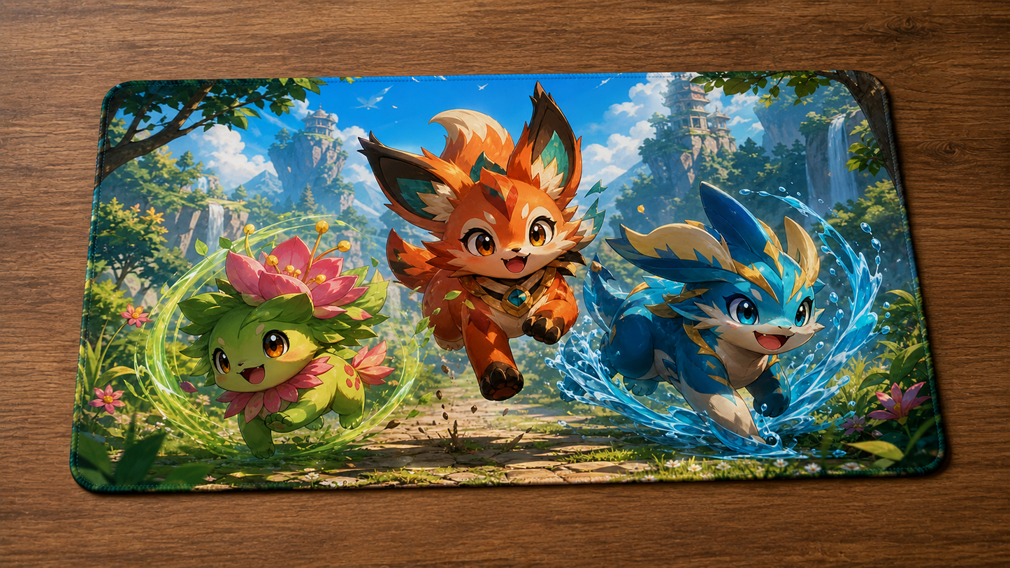 Playmat Créatures légendaires 24 × 14 po illustré de trois créatures magiques colorées dans un paysage fantasy lumineux.