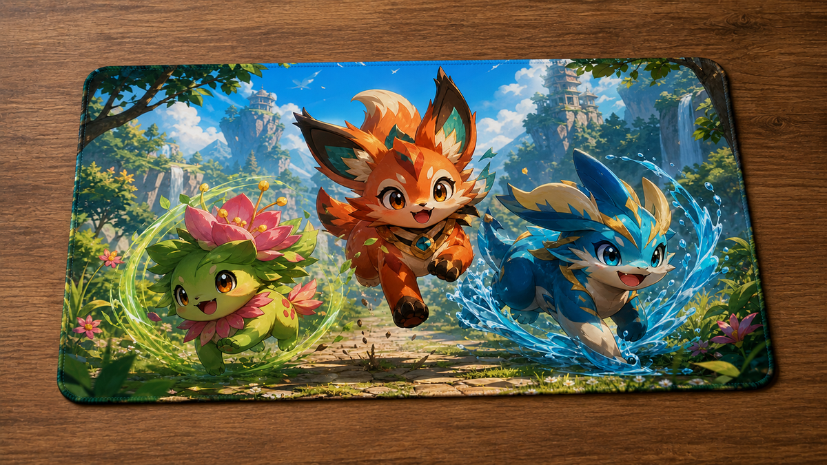 Playmat Créatures légendaires 24 × 14 po illustré de trois créatures magiques colorées dans un paysage fantasy lumineux.