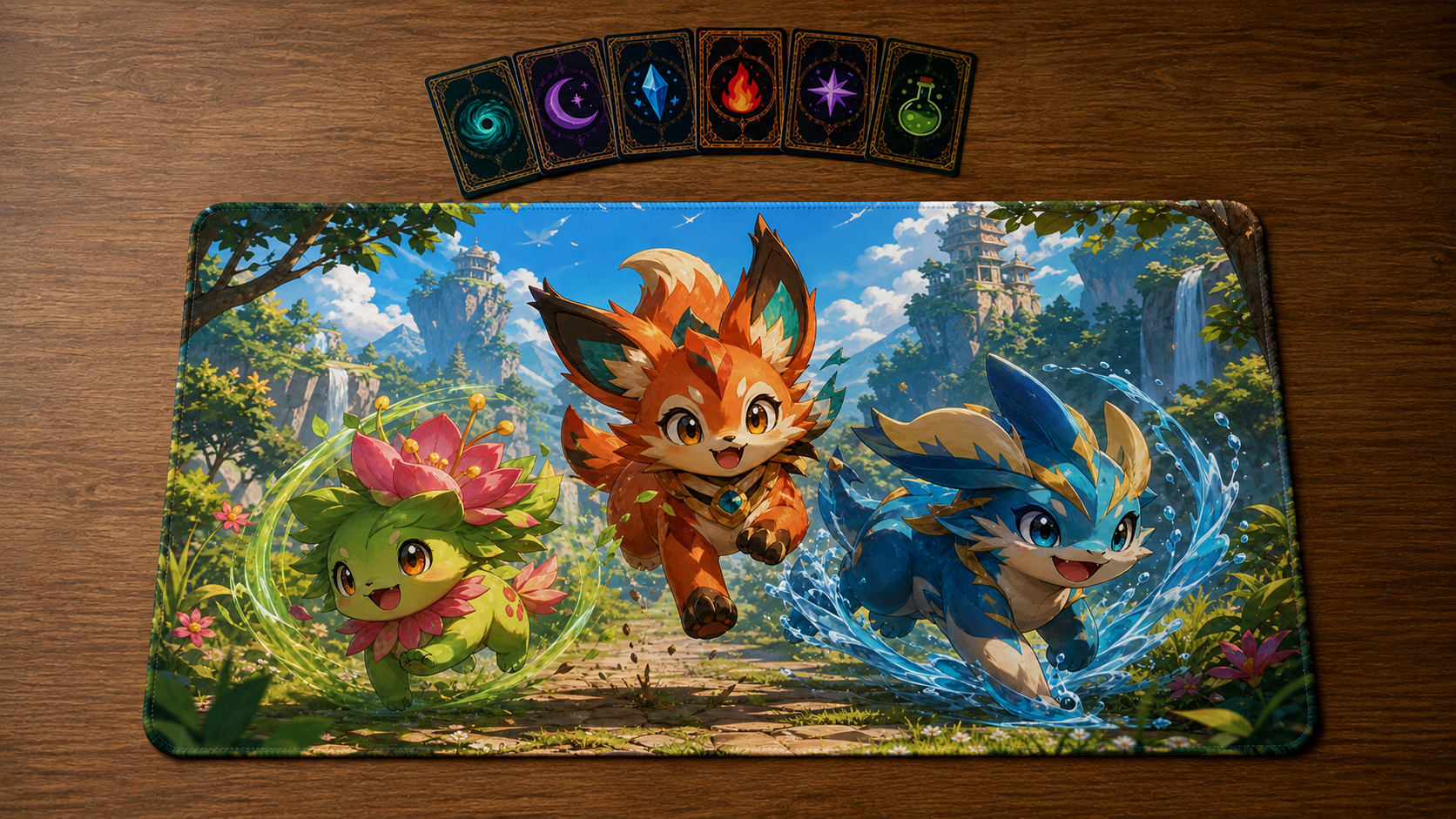 Playmat Créatures légendaires présenté sur une table en bois avec six cartes de jeu disposées en éventail au-dessus.