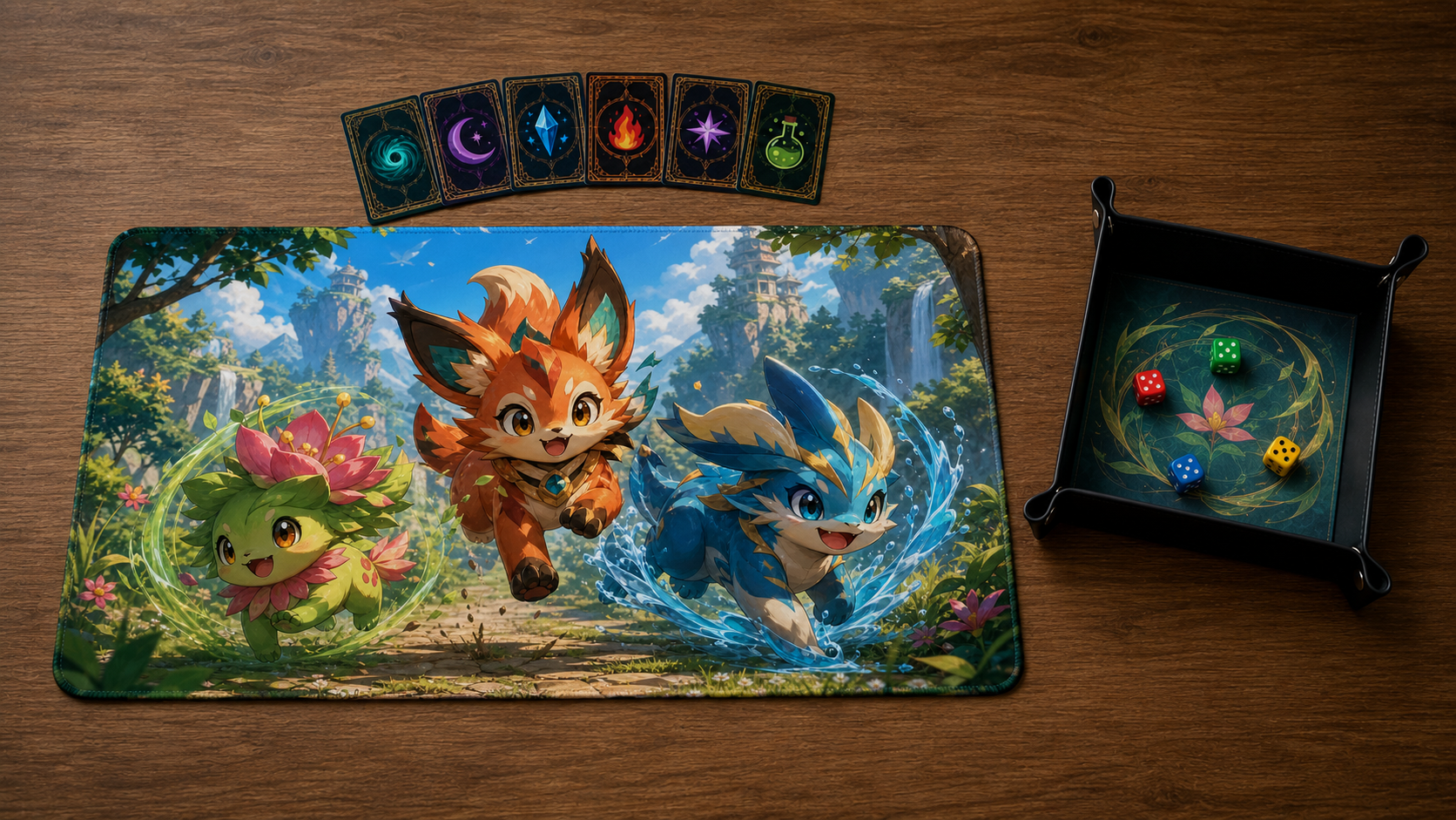 Ensemble Créatures légendaires comprenant un playmat fantasy et un plateau à dés noir assorti au motif floral vert, rose et doré.