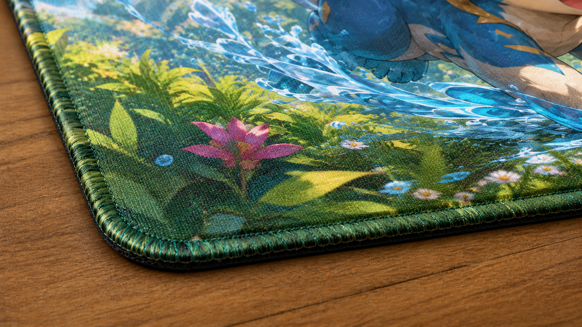 Gros plan du coin arrondi du playmat Créatures légendaires montrant la texture textile, le rebord cousu et la mince base noire.