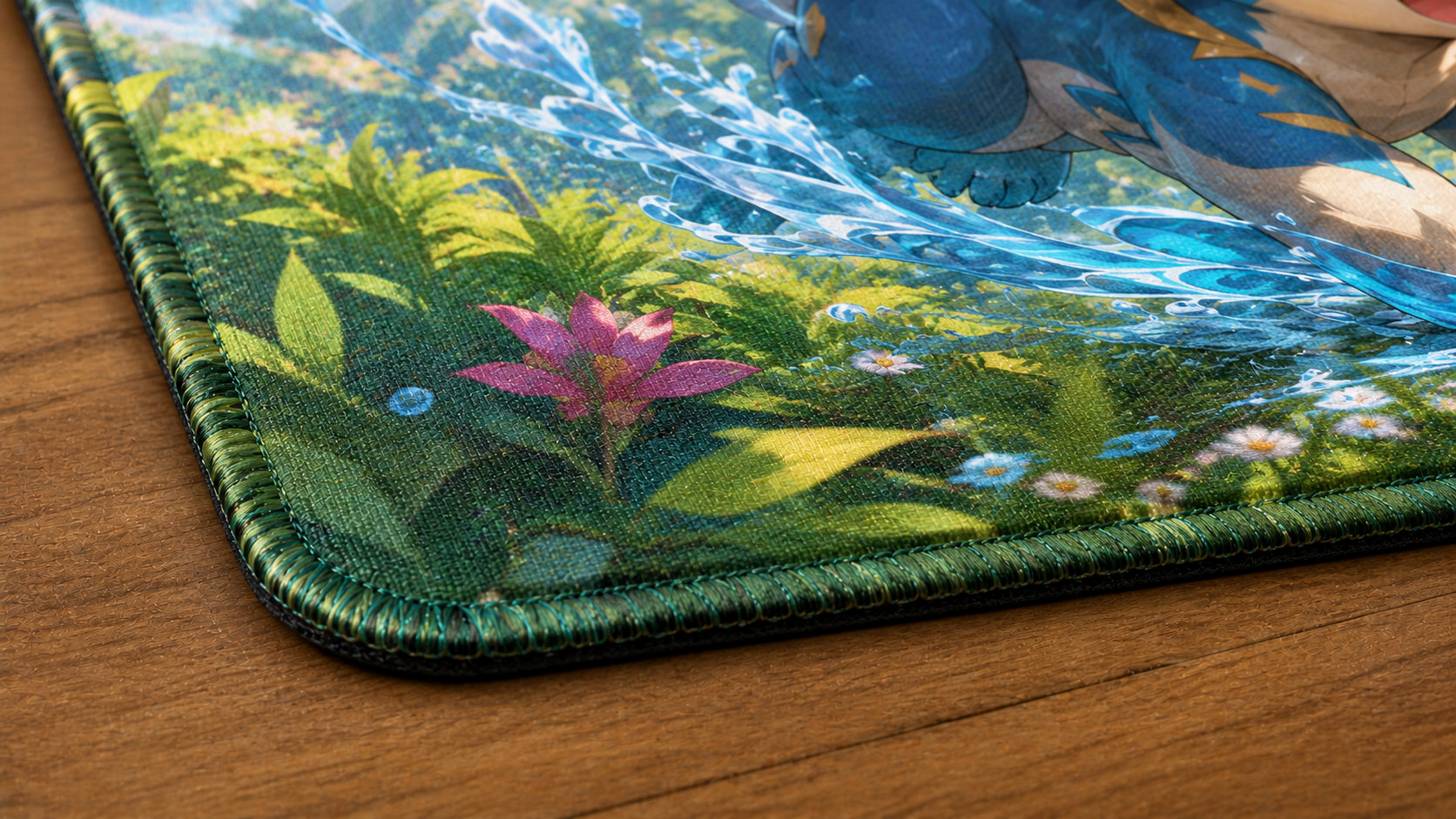 Gros plan du coin arrondi du playmat Créatures légendaires montrant la texture textile, le rebord cousu et la mince base noire.