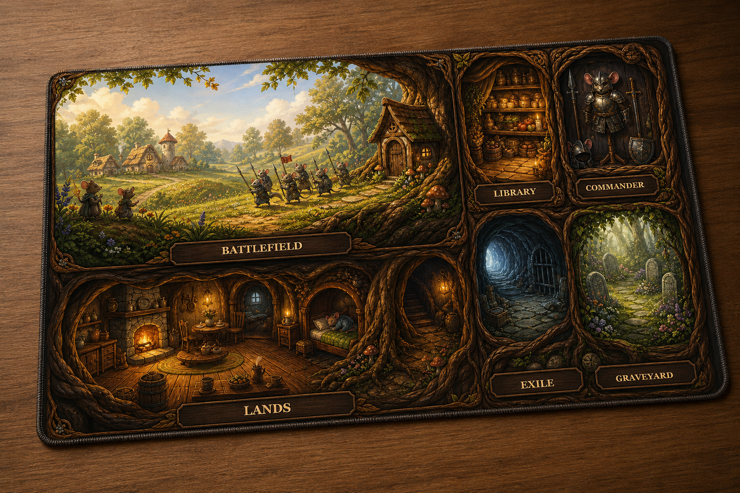 Playmat Royaume des souris 24 × 14 po avec décor fantasy de village, souris aventurières et zones de jeu intégrées