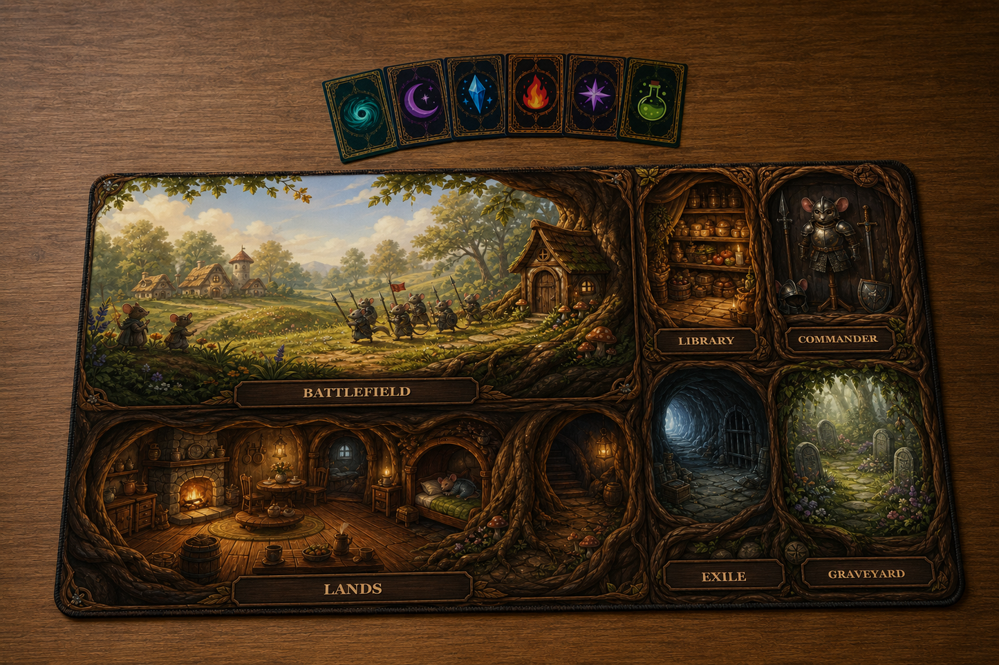 Playmat Royaume des souris 24 × 14 po présenté sur table en bois avec six cartes de jeu disposées au-dessus