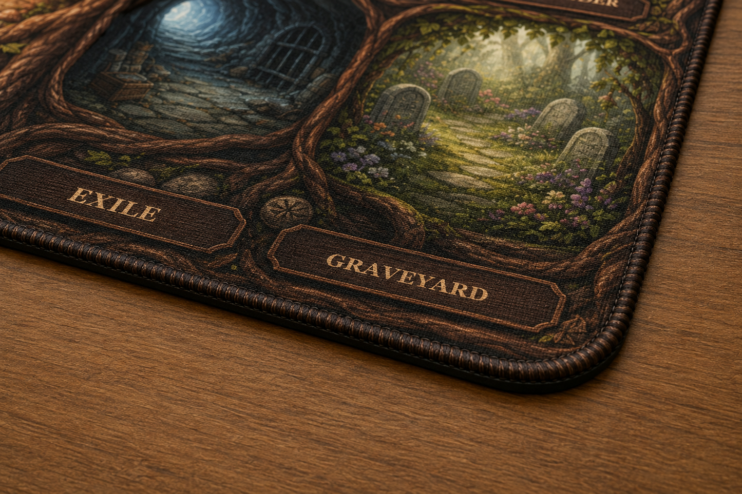 Gros plan du playmat Royaume des souris montrant la texture textile, les rebords cousus et la base noire antidérapante