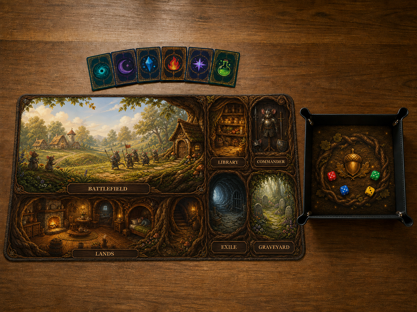Ensemble Royaume des souris avec playmat 24 × 14 po, plateau à dés assorti et quatre dés colorés