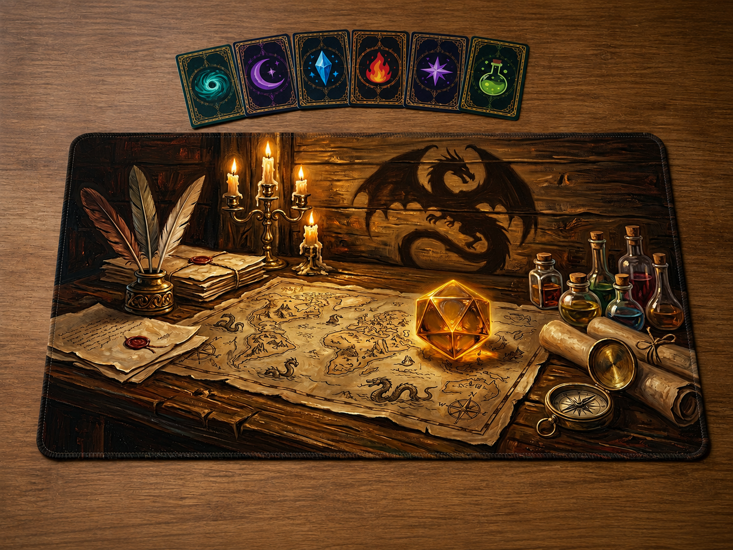 Playmat Cartographe des dragons 24 × 14 po présenté sur table en bois avec six cartes de jeu disposées au-dessus