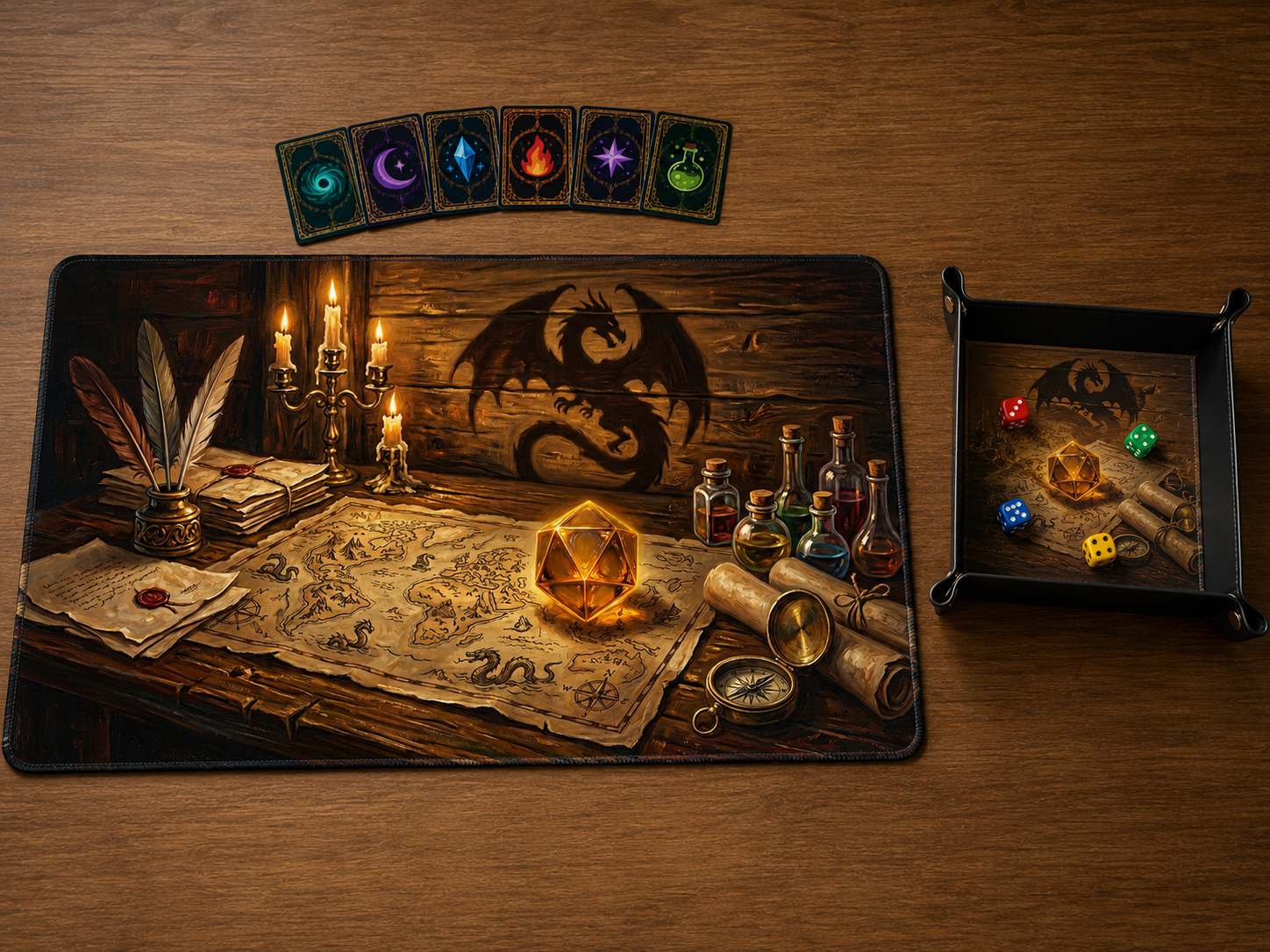 Ensemble Cartographe des dragons avec playmat 24 × 14 po, plateau à dés noir assorti et quatre dés colorés