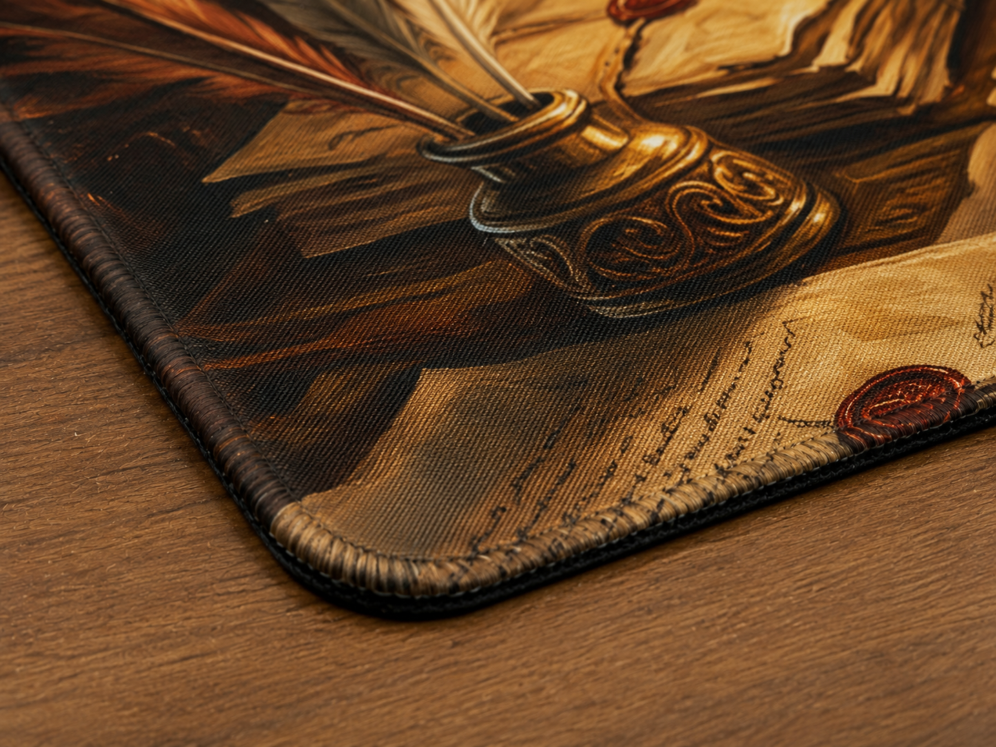 Gros plan du playmat Cartographe des dragons montrant la texture textile, les rebords cousus et la base noire antidérapante