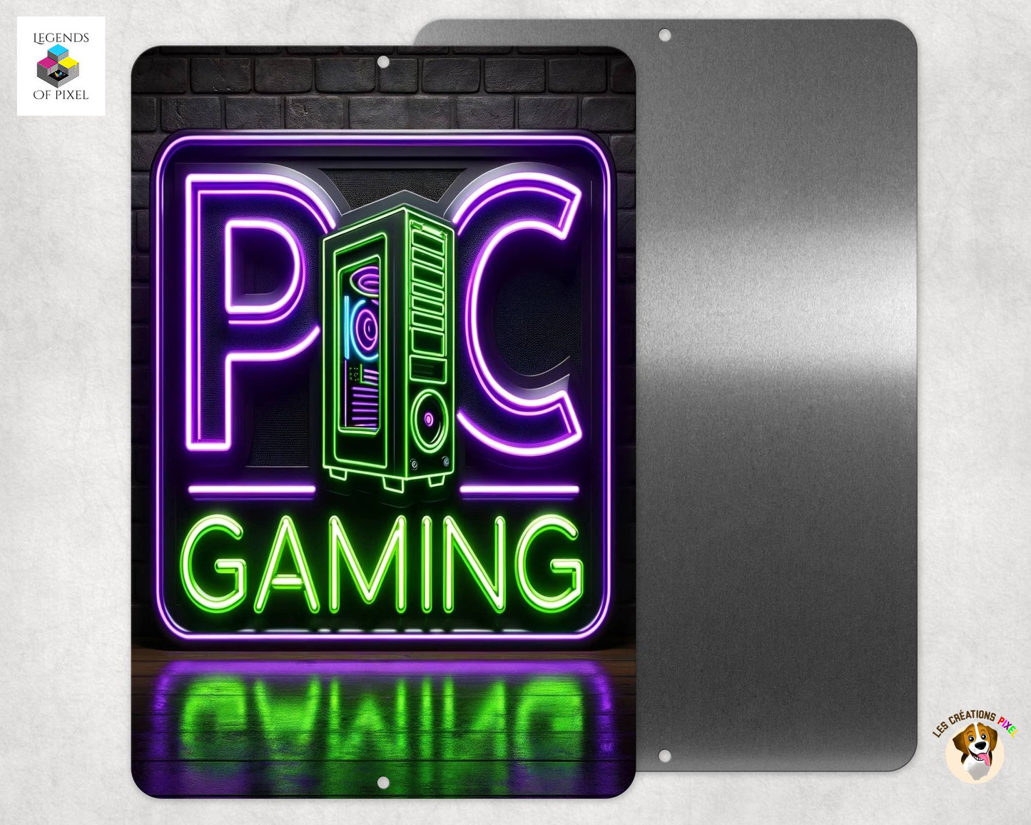 Affiche en métal Réflexion miroir PC GAMING - Tour - Brique - EFFET NEON