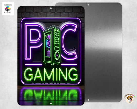 Affiche en métal Réflexion miroir PC GAMING - Tour - Brique - EFFET NEON