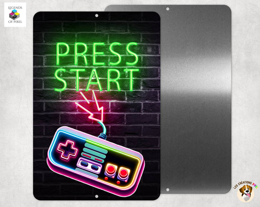 Affiche en métal PRESS START - EFFET NEON