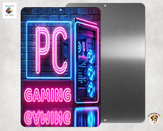Affiche en métal Tour PC GAMING - Réflexion Miroir - EFFET NEON