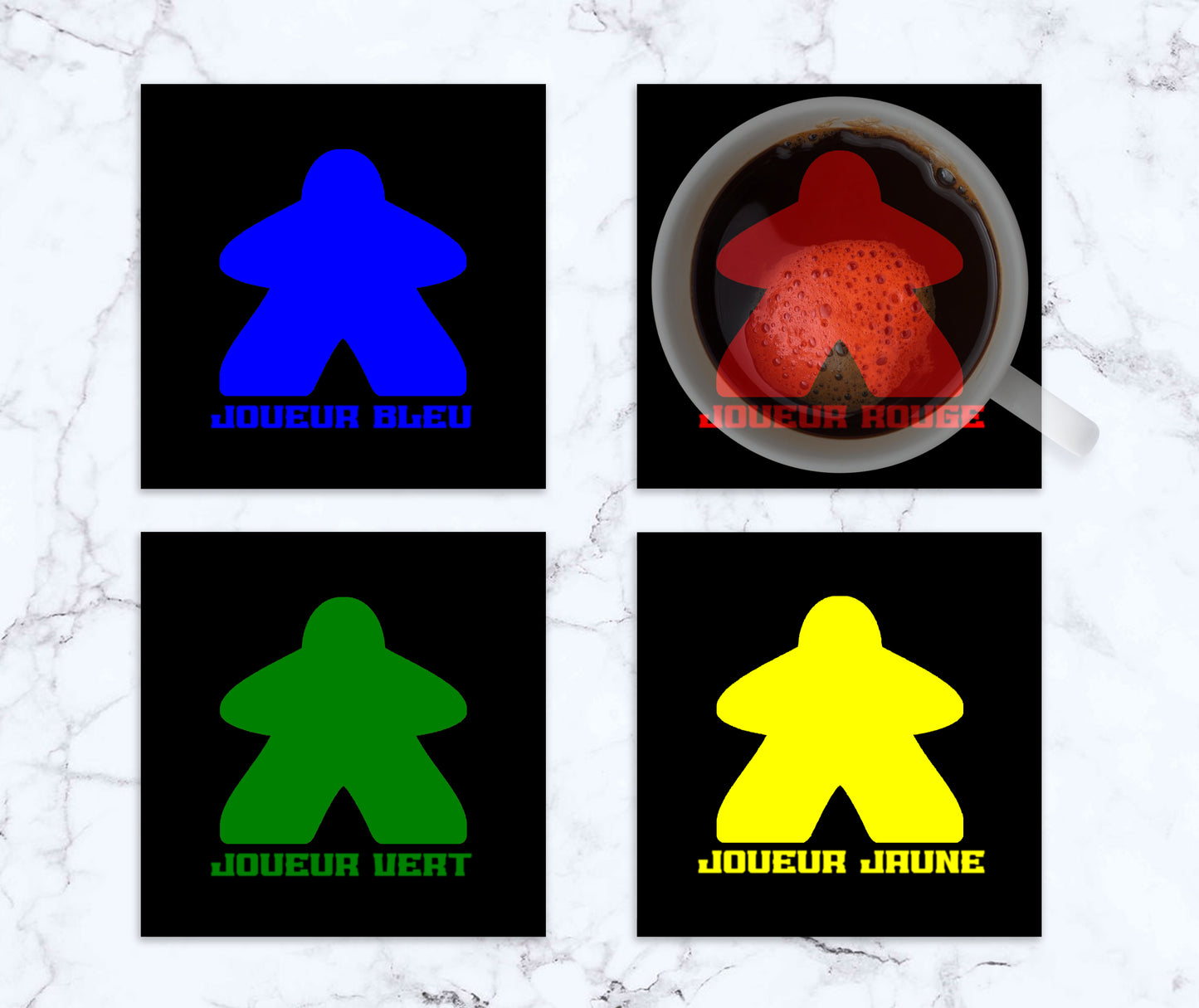 Ensemble de 4 sous-verres carrés Joueurs MEEPLE