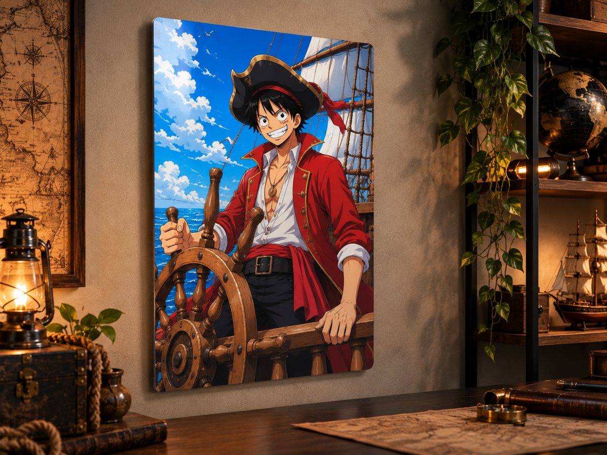 Affiche métal Capitaine des mers style manga pirate dans un décor nautique