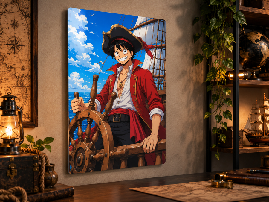 Affiche métal Capitaine des mers style manga pirate dans un décor nautique