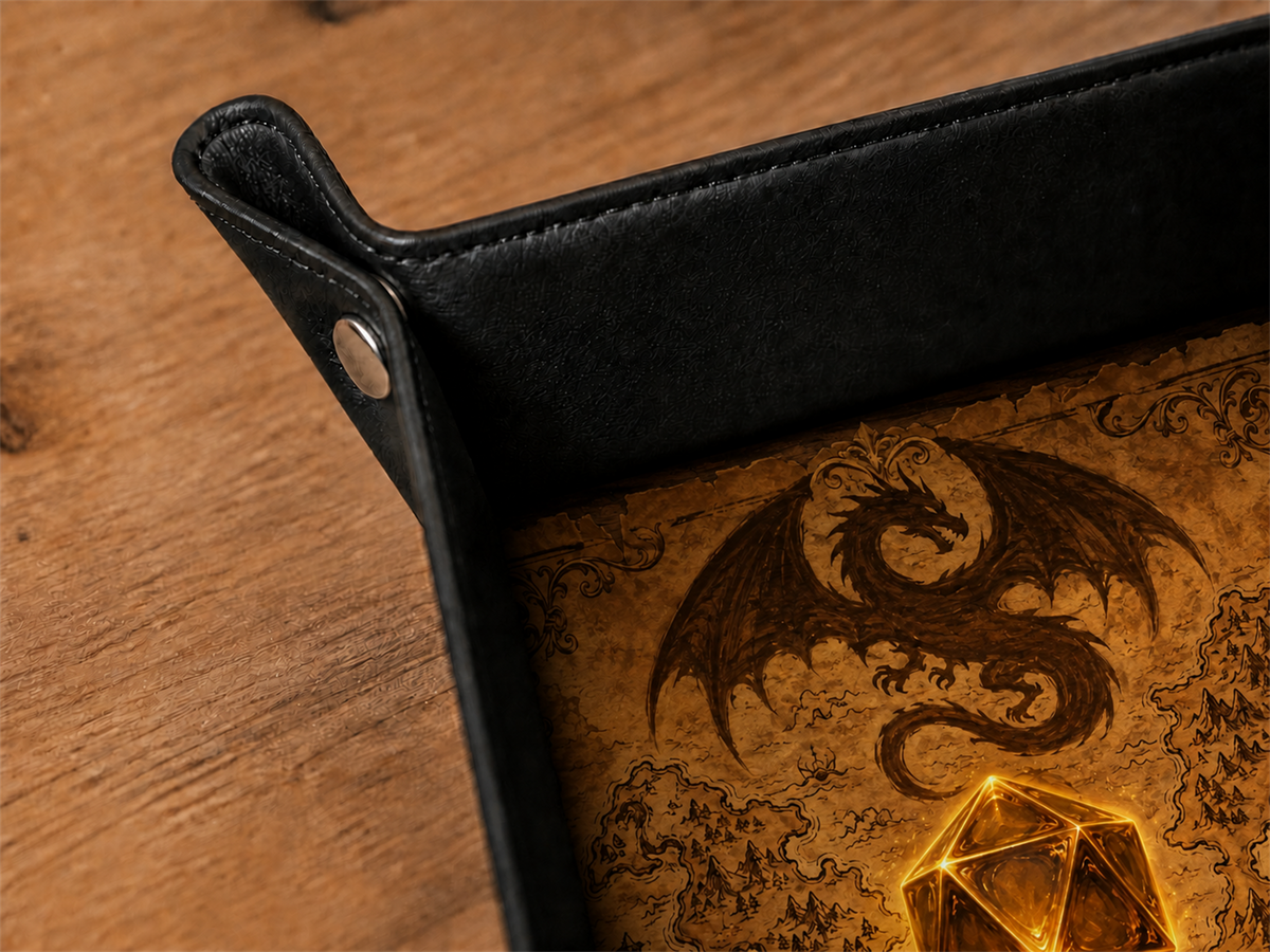 Gros plan de la couture, du similicuir et du bouton-pression du plateau Cartographe des dragons